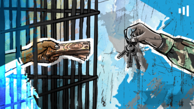 Illustration of a hand passing money through jail bars to another hand holding keys, suggesting a bribe.