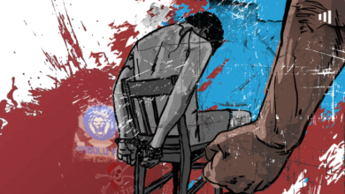 Illustration of a chained person's silhouette against a red and blue splattered background, implying struggle.