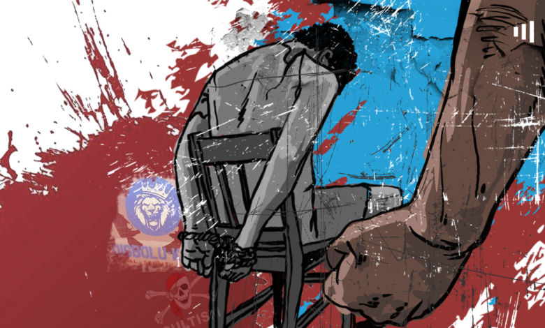 Illustration of a chained person's silhouette against a red and blue splattered background, implying struggle.