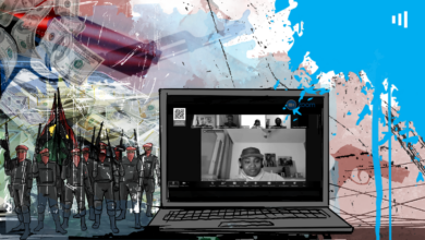 A laptop showing a Zoom meeting in front of a chaotic background with soldiers, flags, and currency notes.