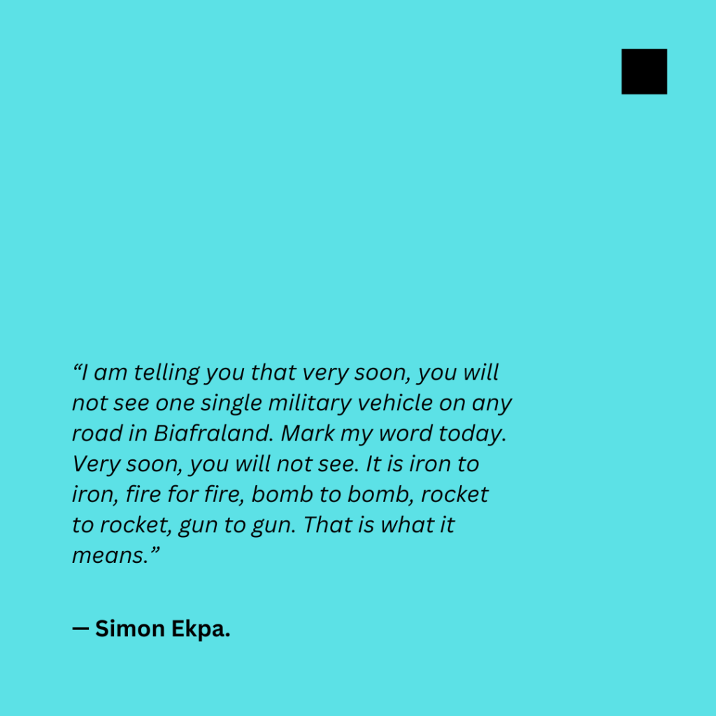 A quote on a teal background predicting the absence of military vehicles in Biafraland and mentioning combat.