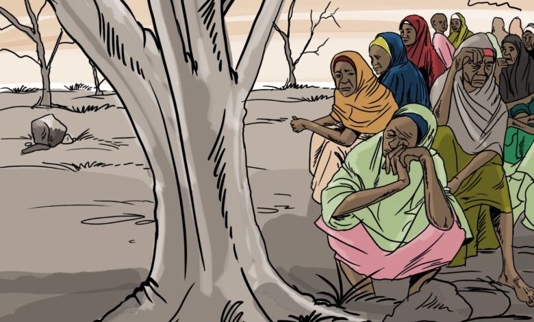 Illustration of a group of women sitting and standing in a dry, tree-dotted landscape.