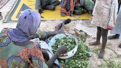 Person in a purple headscarf preparing greens with a child standing nearby on sandy ground.