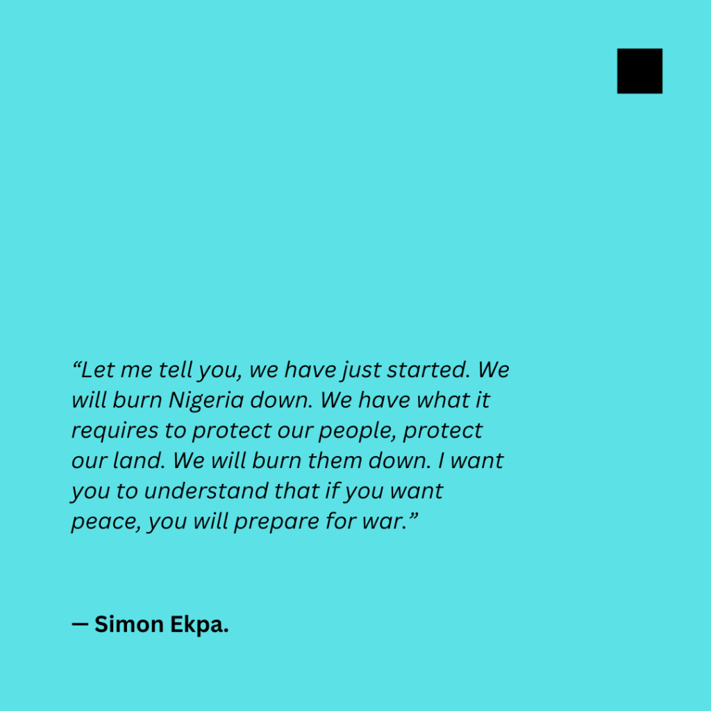 Text quote by Simon Ekpa on a teal background about taking actions to protect people and preparing for war.