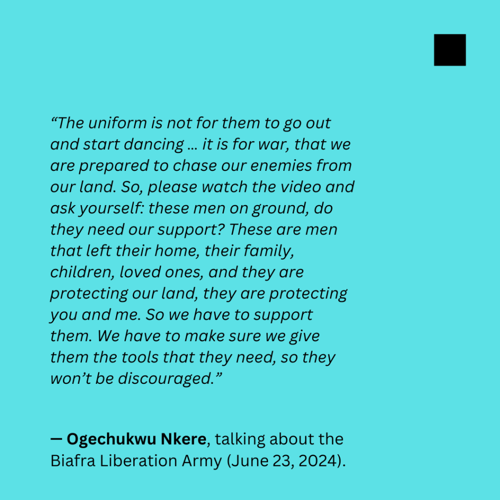 Quote on supporting soldiers by Ogechukwu Nkere with a blue background and a black square in the corner.