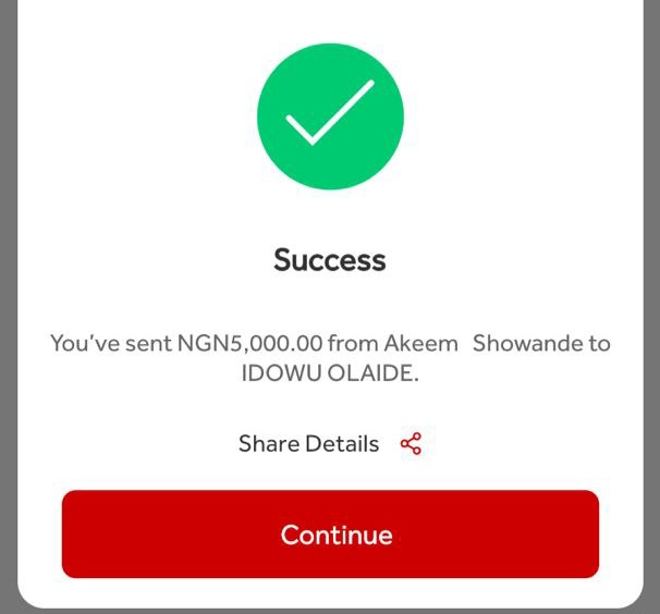 A successful transaction confirmation screen showing NGN5,000 sent to a recipient.