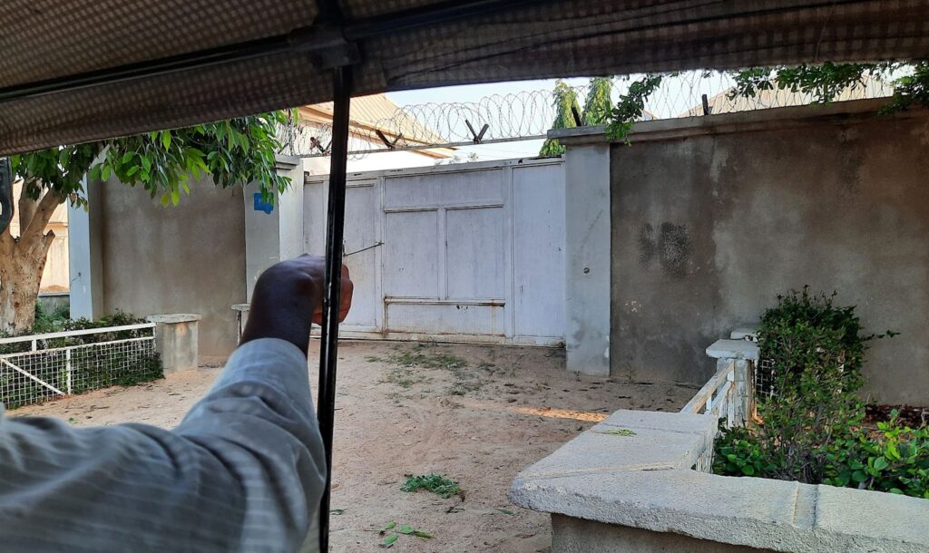 A person's arm holding a cane with a backdrop of a white gate and yard, with plants and a mesh fence.