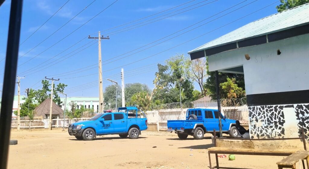 Two blue pick-up trucks parked on a sunny day with power lines and a building in the background.