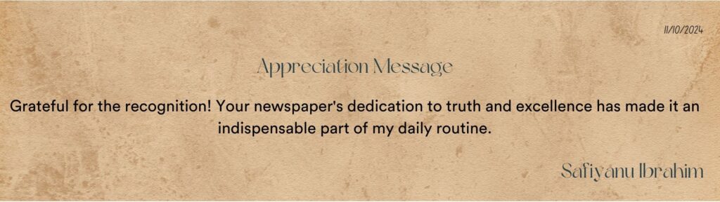 Appreciation note on a textured background with thanks for newspaper recognition, dated 11/10/2024, signed by Saifyanu Ibrahim.