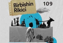 Collage for "Birbishin Rikici" Episode 109 featuring silhouetted figures, animals, vehicles on a textured background.