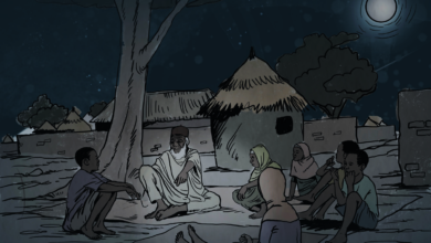 People sitting under a tree at night in a village with huts, conversing under a starry sky.