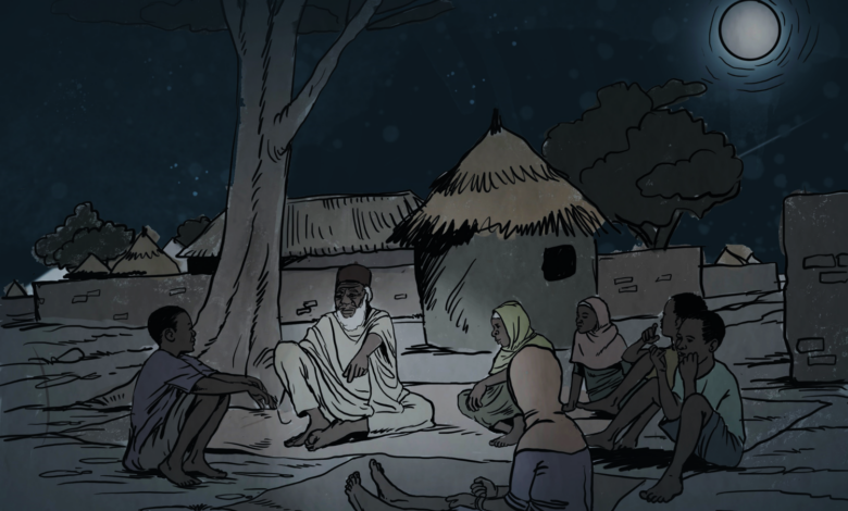 People sitting under a tree at night in a village with huts, conversing under a starry sky.