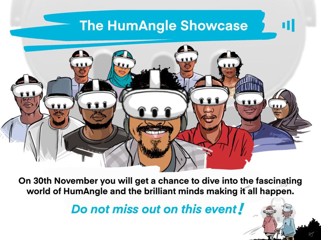 Illustration of diverse people wearing headsets for "The HumAngle Showcase" event on November 30th, promising engaging insights.