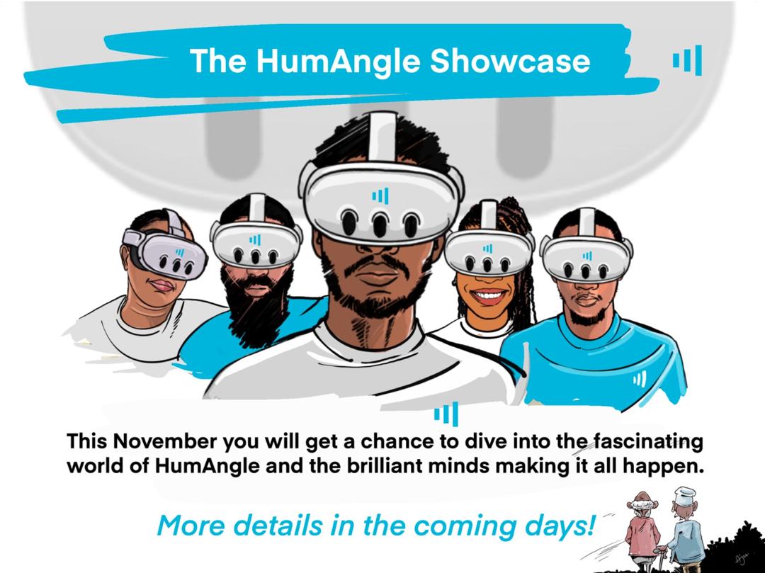 Five cartoon characters wearing VR headsets with a promo for "The HumAngle Showcase" and text teasing more details soon.