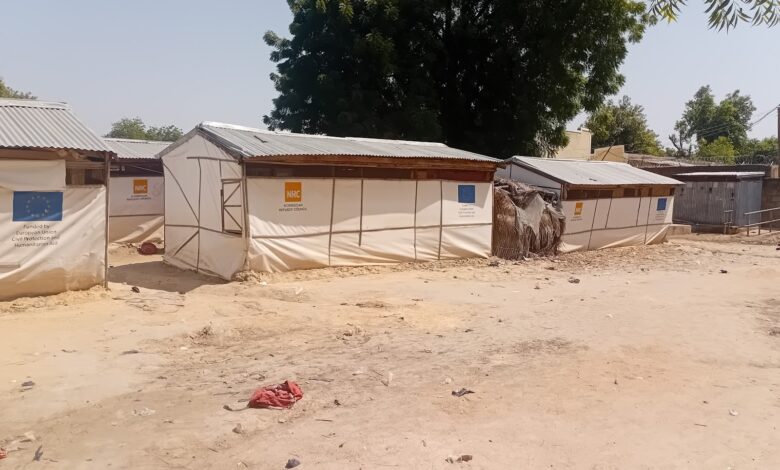 Aid tents with EU and NRC logos in a dry, sandy area with sparse vegetation.