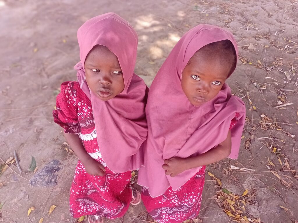 Two girls in pink hijabs and matching dresses standing outdoors with a curious expression.