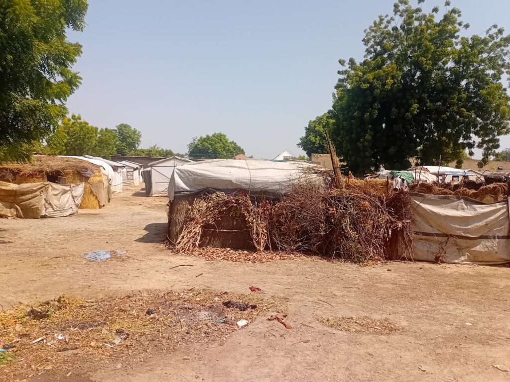 Rural setting with makeshift shelters and a large tree in the background.