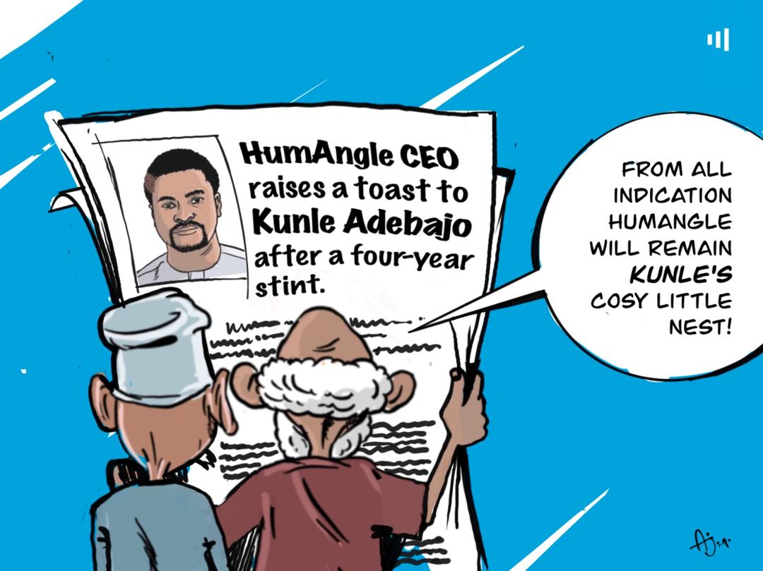 Cartoon of two people reading a newspaper article about Kunle Adebajo with positive remarks from HumAngle.