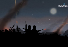 Silhouettes of people with guns against a twilight sky with traces of light and a watermark 'HumAngle'.