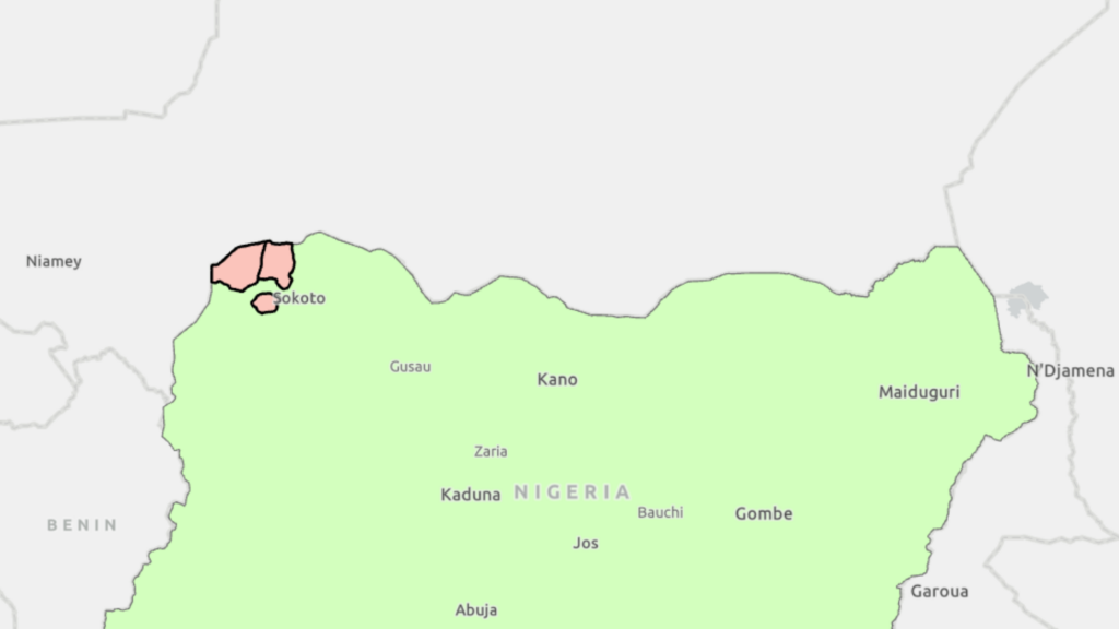 A map highlighting Nigeria's Sokoto state in pink with other major cities labeled.