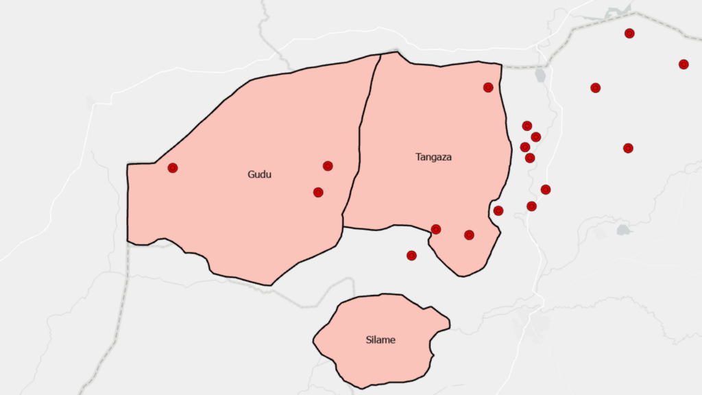 A map highlighting two areas with several marked points and labeled places Gudu, Tangaza, and Silame.