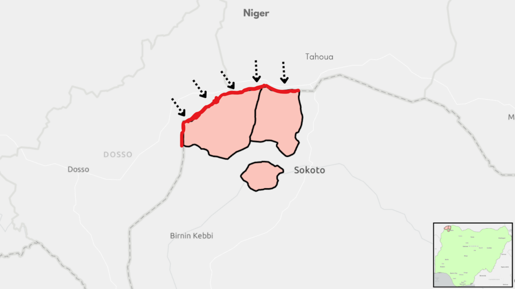 Map showing a highlighted region with a red border, near Sokoto and Dosso, with dashed arrows pointing at the area.