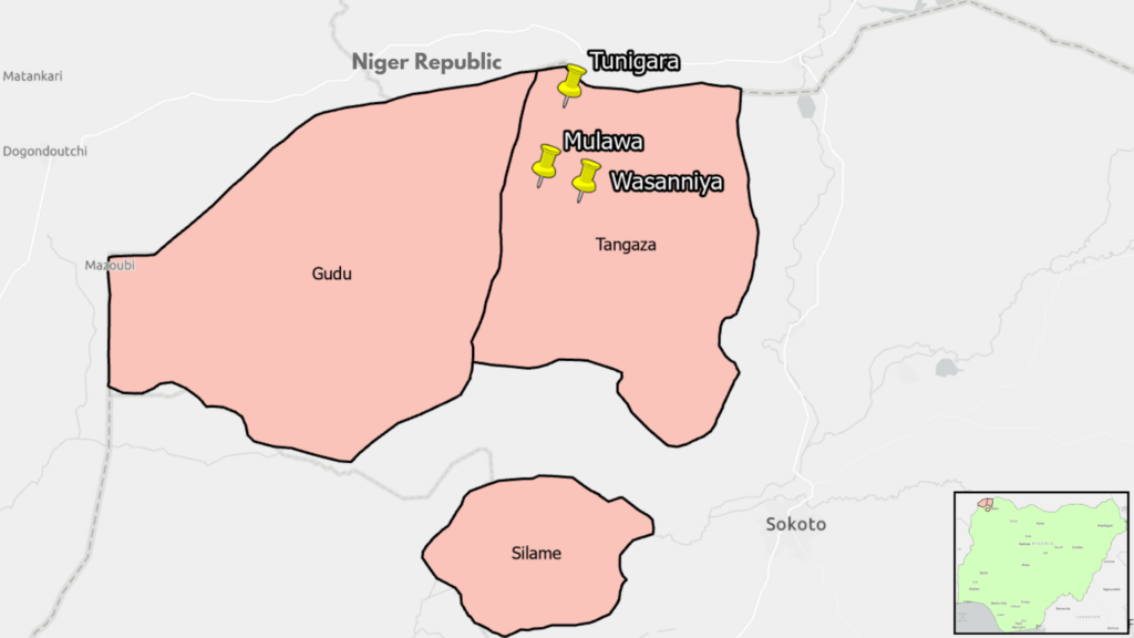 Map highlighting areas with pushpins, labeled Tunigara, Mulawa, Wasanniya, Gudu, Tangaza, and Silame.