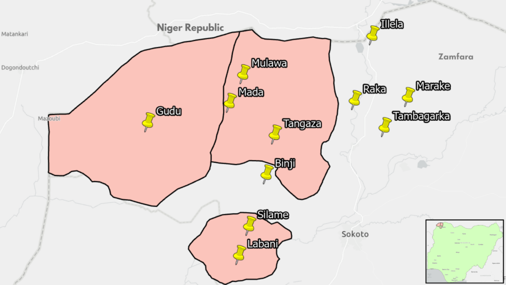 Map highlighting areas with pinned locations, labeled with names, adjacent to Niger Republic and near Zamfara and Sokoto.