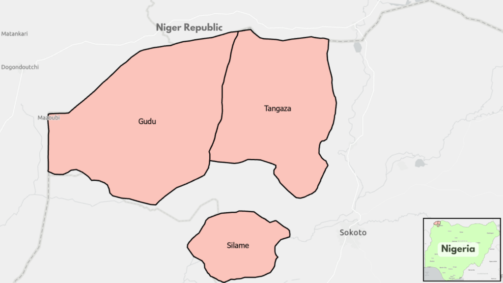 Map showing Niger Republic border regions with Nigeria, highlighting Gudu, Tangaza, and Silame.