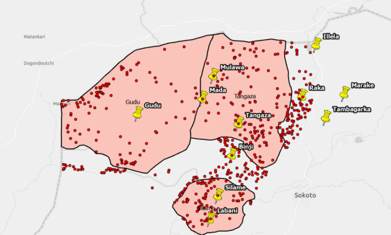 Map with highlighted areas and pins, likely displaying specific locations or data points in a geographical region.