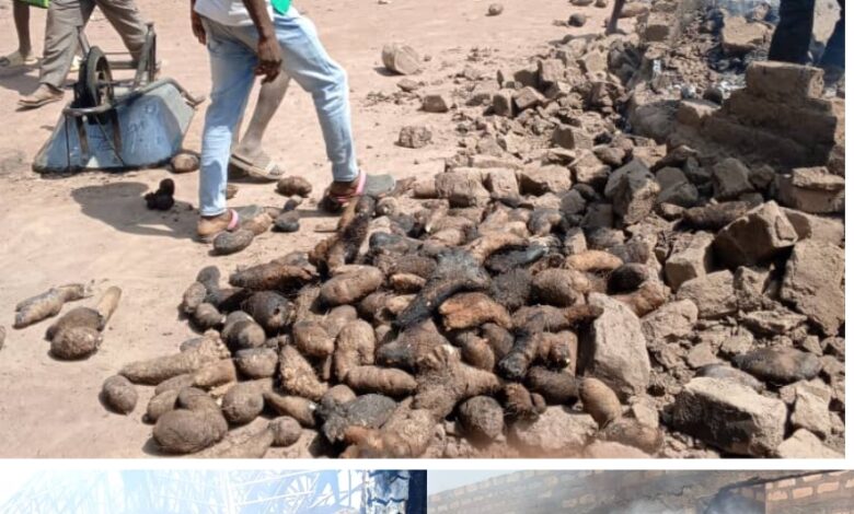 Two images showing traditional African cassava processing with people drying and burning roots in a village.