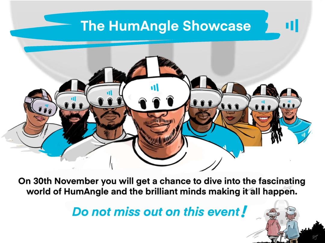 Illustration of diverse people wearing virtual reality headsets with a promotional message for the HumAngle Showcase event.