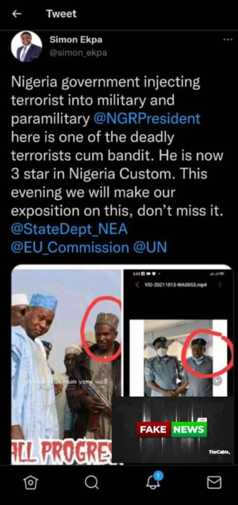 Image of a tweet claiming a man is a former bandit now holding a position in Nigeria's Customs, with "FAKE NEWS" stamped across it.