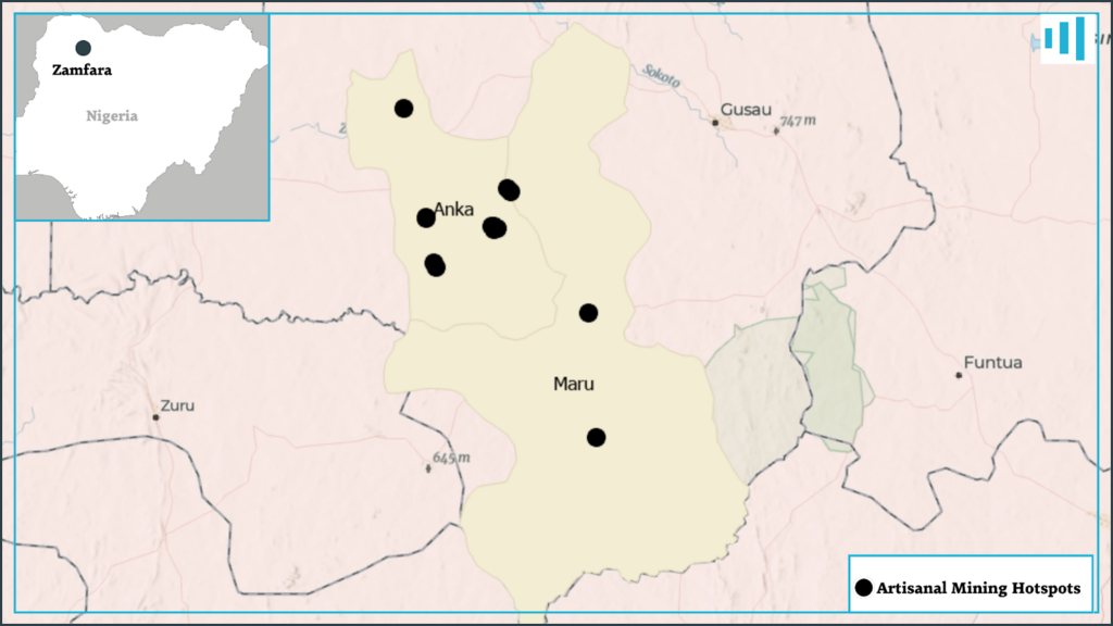 Map of Zamfara, Nigeria, highlighting several artisanal mining hotspots within the region.