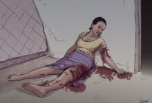 Illustration of a woman lying on the ground near a net with bloodstains, suggesting an injury or altercation.