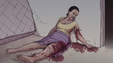 Illustration of a woman lying on the ground near a net with bloodstains, suggesting an injury or altercation.