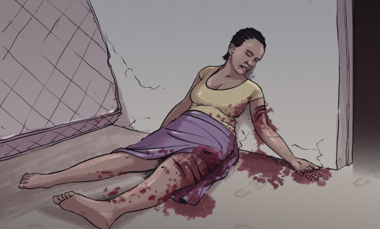 Illustration of a woman lying on the ground near a net with bloodstains, suggesting an injury or altercation.