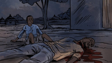 Illustration of a shocked boy sitting near a body, with blood on the ground, at twilight.