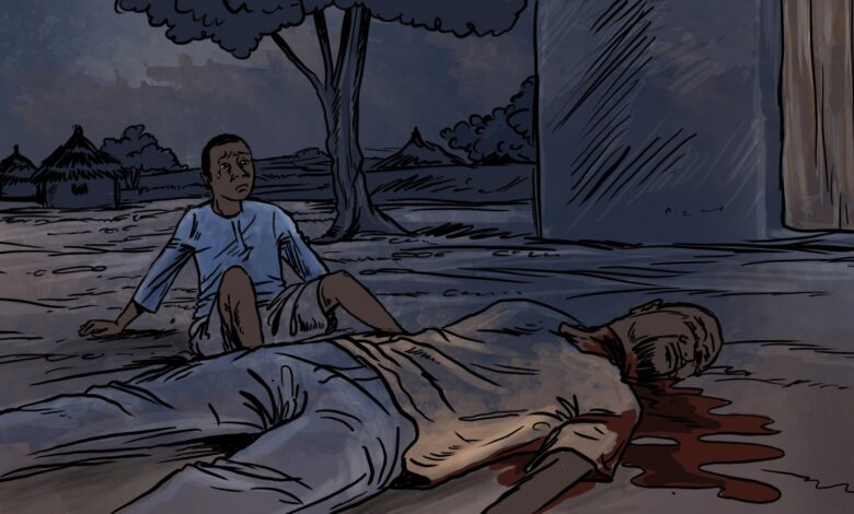 Illustration of a shocked boy sitting near a body, with blood on the ground, at twilight.