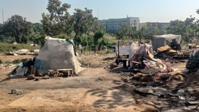 Makeshift tents and debris in a clearing with trees and a modern building in the background.