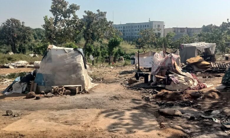 Makeshift tents and debris in a clearing with trees and a modern building in the background.