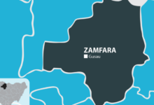 A stylized map highlighting Zamfara state with its capital Gusau in Nigeria.