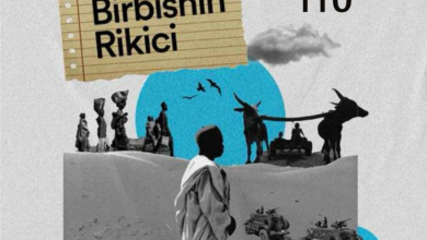 Collage for "Birbishin Rikici" podcast episode 110, featuring cultural scenes, a child, vehicles, and animals, with overlay text.