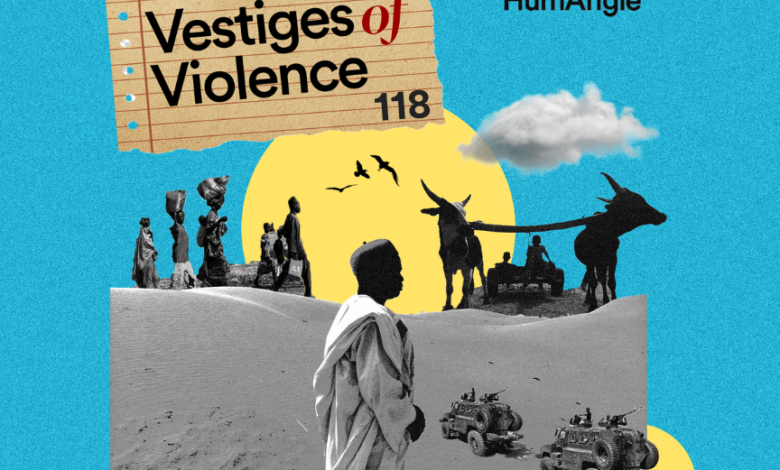 Collage featuring "Vestiges of Violence" text, silhouettes, a person, vehicles, and a "HumAngle" logo on a blue background.