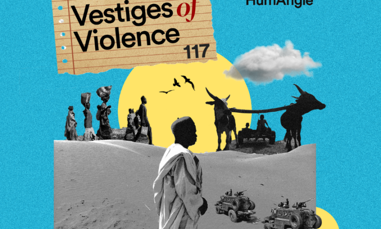 Collage with silhouettes, "Vestiges of Violence" text, podcast icons, and a serene backdrop.