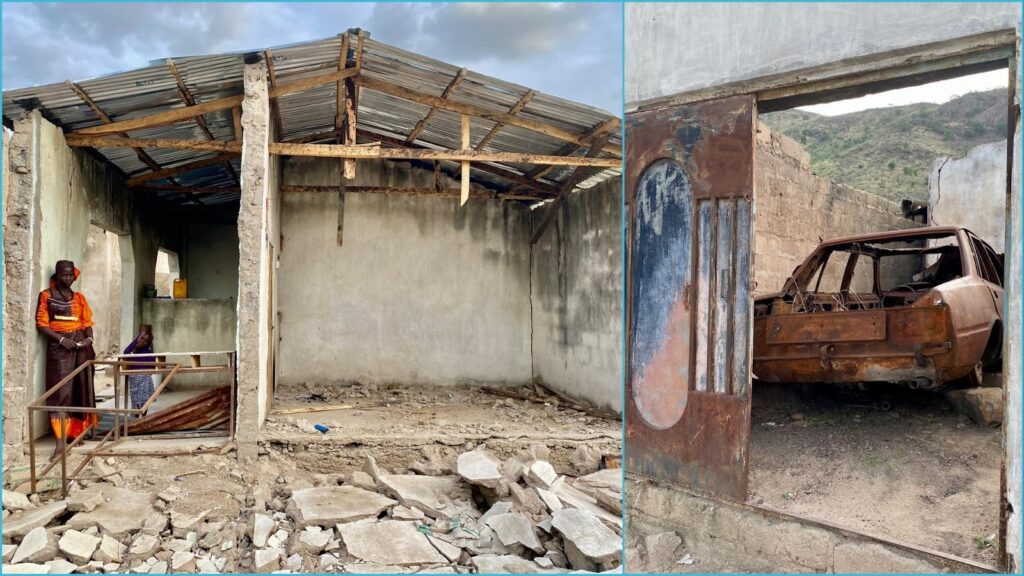 Two-pane image showing people by a derelict building on the left, and a rusted car on the right.