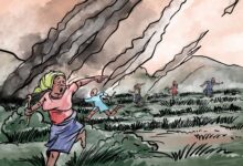 Illustration of people fleeing a volcanic eruption with smoke and ash in the background.