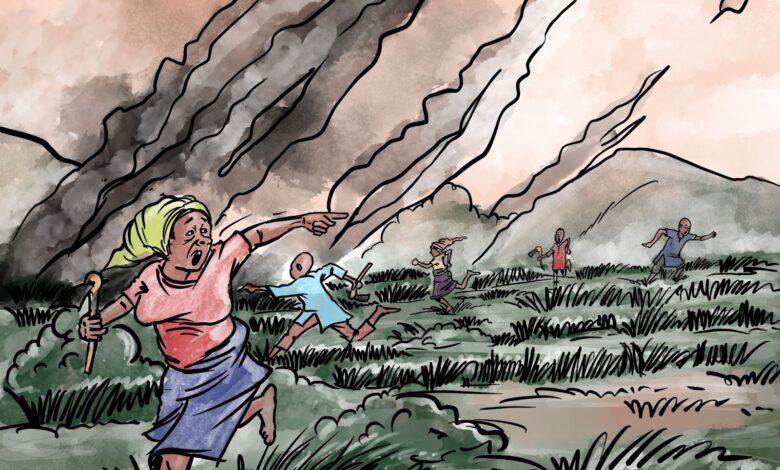 Illustration of people fleeing a volcanic eruption with smoke and ash in the background.