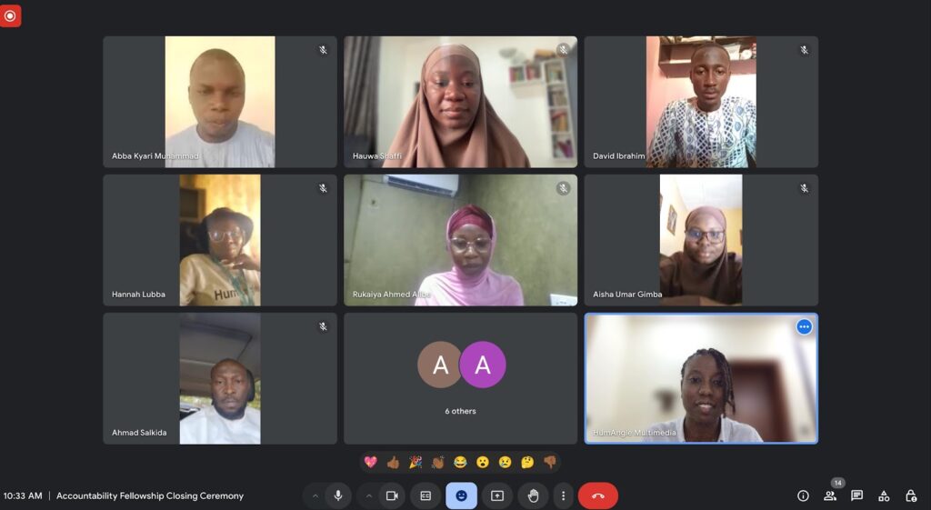 A virtual meeting screen with nine participants' video feeds and one user represented by initials.