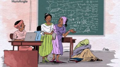 Illustration of three women in a classroom, one teaching at a chalkboard filled with equations, the others at a desk with a laptop.